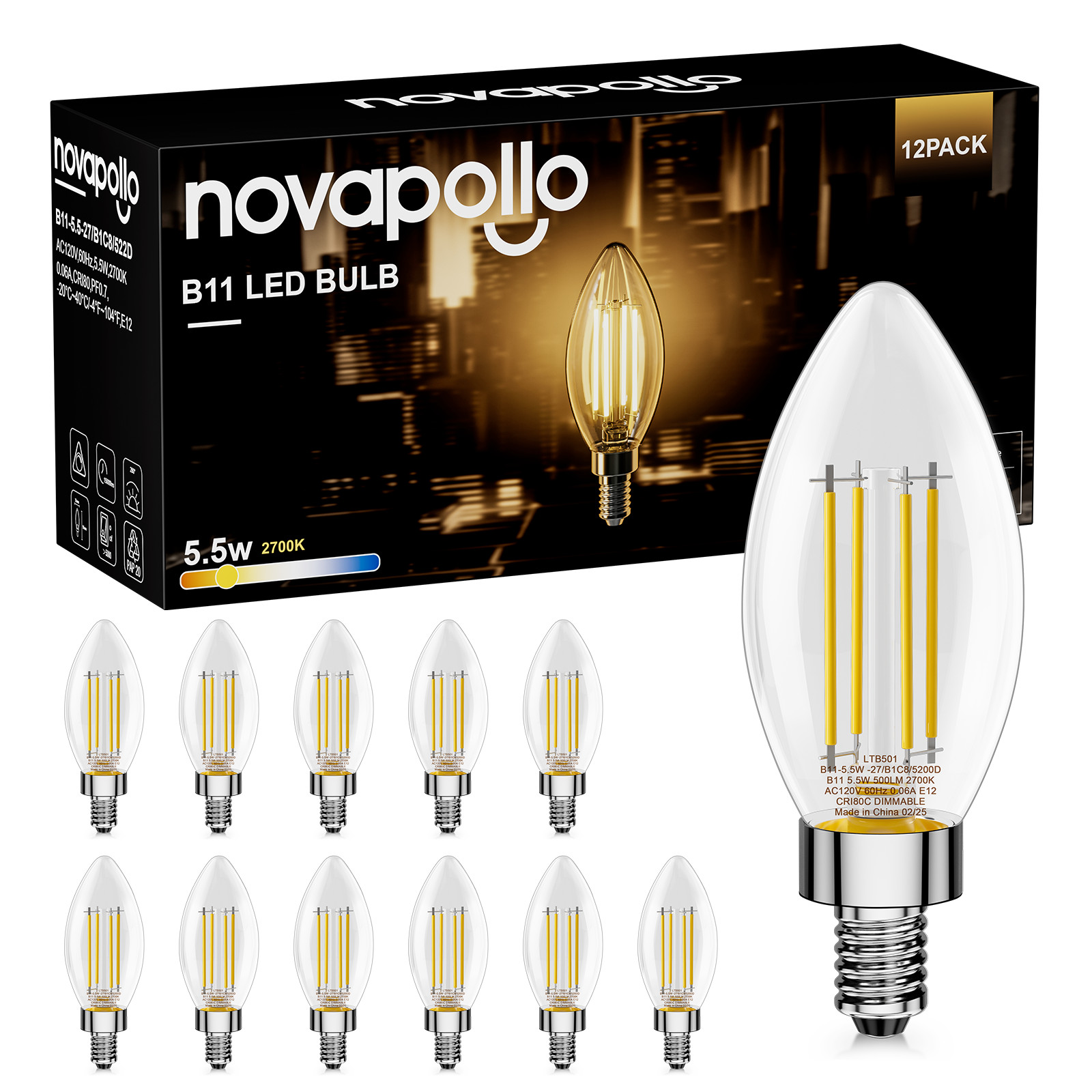 12 PACK Dimmable E12 Candle LED Light Bulbs 5.5W =60W  Vintage Chandelier Bulbs