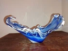 1960s Large Vintage Blue Murano Wave Style Art Glass Bowl Vase MCM