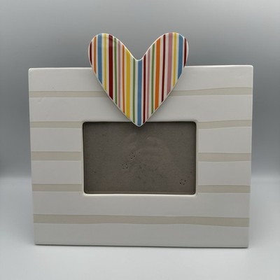 Coton Colors Happy Everything White Striped 4x6 Picture Frame Mini Heart Attach