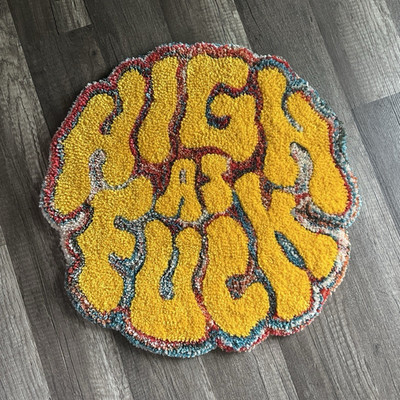 High AF Round Tufted Novelty Area Rug Yellow Multicolor 17 in Letter Pattern