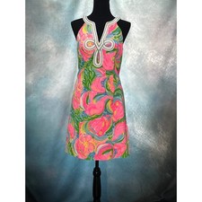 Lilly Pulitzer Women Pink Green Floral Soutache Trim Cotton Shift Dress Size 4