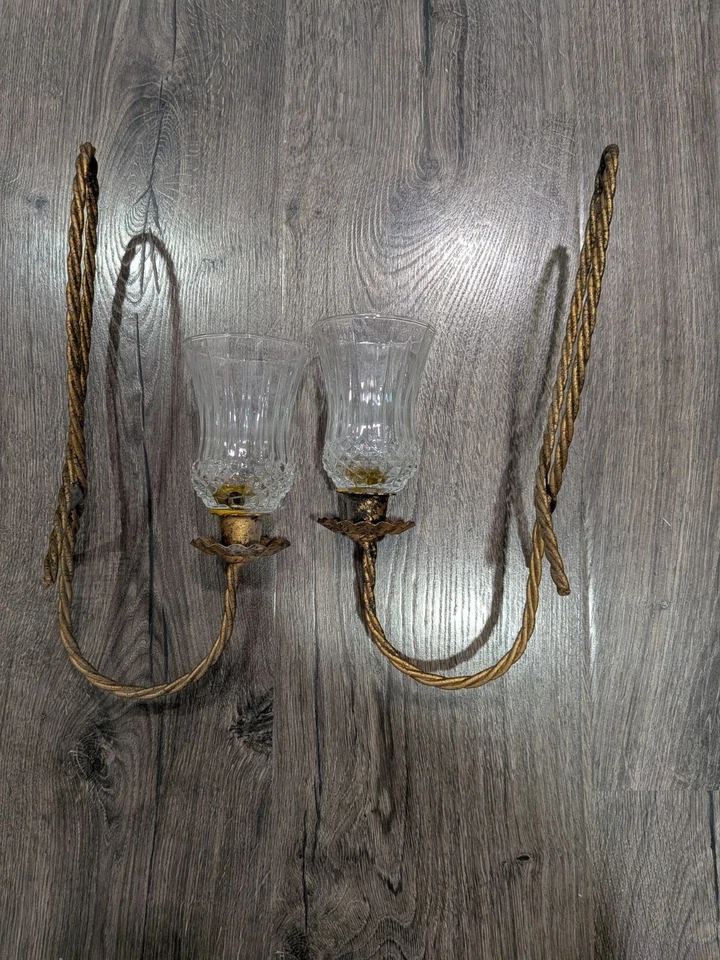 Vintage Pair Home Interior Gold Metal Twisted Rope Candle Holders Wall Sconces - Image 4 of 4