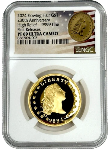 2024 Flowing Hair Dollar 1 Oz Gold High Relief Coin NGC PF 69 First Releases OGP
