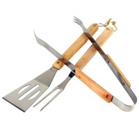 Bbq Grillbesteck 3 Tlg. Edelstahl Holzgriff Besteck Grillen Zange Wender Gabel