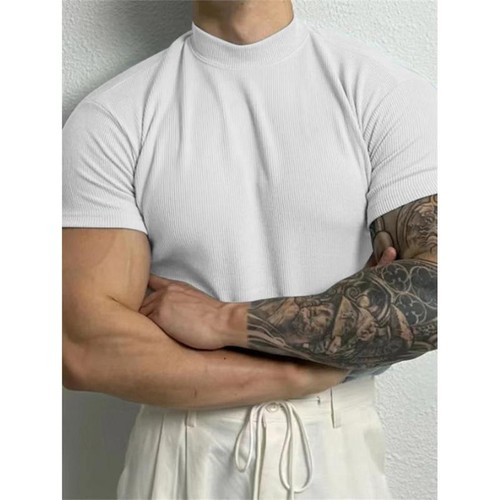 Mens T Shirts High Neck Summer Tops Men Sport Casual Short Sleeve T-shirt - Picture 5 of 16