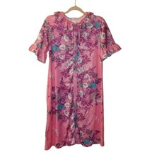 Vtg Pink Floral House Dress Ruffle Neckline W Bow Full Snap Button Down Front...