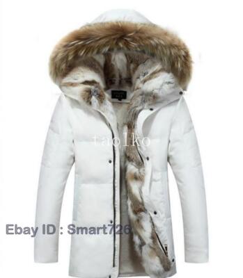 Winter Warm Overcoat Mens Faux Big Fur Collar  Down Hooded Coats Parka L
