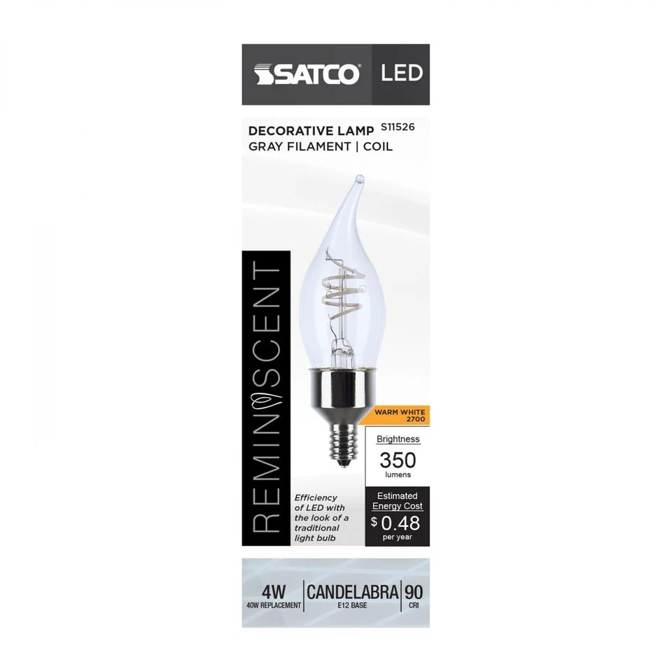 SATCO S11526 4W(40W EQ) 120V Reminiscent LED CA11 E12 Gray Coil Filament 2700K - Image 3 of 3
