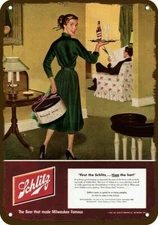 1952 SCHLITZ BEER Vintage Look DECORATIVE METAL SIGN - WIFE BUYS HAT & HUSBAND B