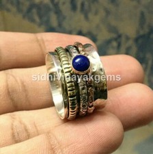 925 Sterling Silver Spinner Natural Lapis Gemstone Ring Brass Band Jewelry '2lk