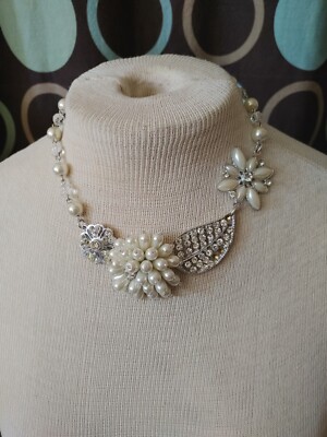 Vintage necklace faux pearl faceted glass beads rhinestones needs TLC 5 missing