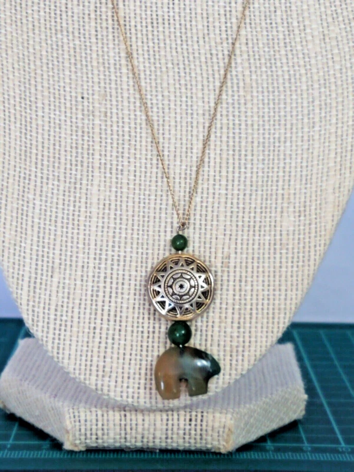 Jasper Bear Jade Beads Gold Tone Sun Pendant Gold Filled Chain Necklace SNA - Image 4 of 4