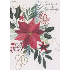Season's Greetings Large Poinsettia Holly Foil Swirls -  15 Christmas Cards