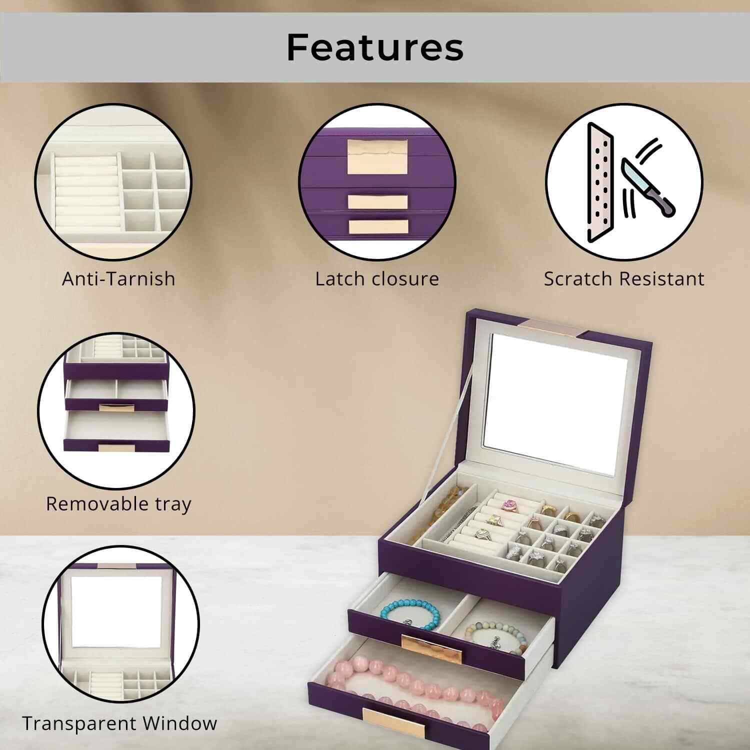 Purple Three Layer Faux Leather Jewelry Box Anti Tarnish Lining 2
