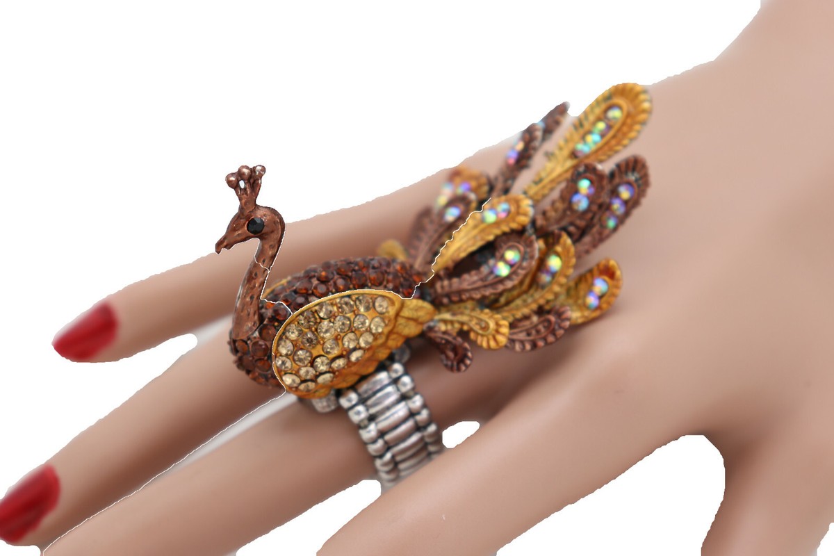 Women Gold Brown Peacock Fashion Ring Elastic Metal Band Eye