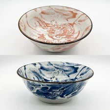 7" Japanese Pottery Ceramic Ramen Noodle, Udon, Donburi Bowl, Dragon Blue, Pink