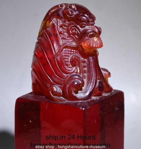 6" Old Chinese Red Amber Carving Dragon Loong Beast Seal Signet Stamp - Picture 5 of 12