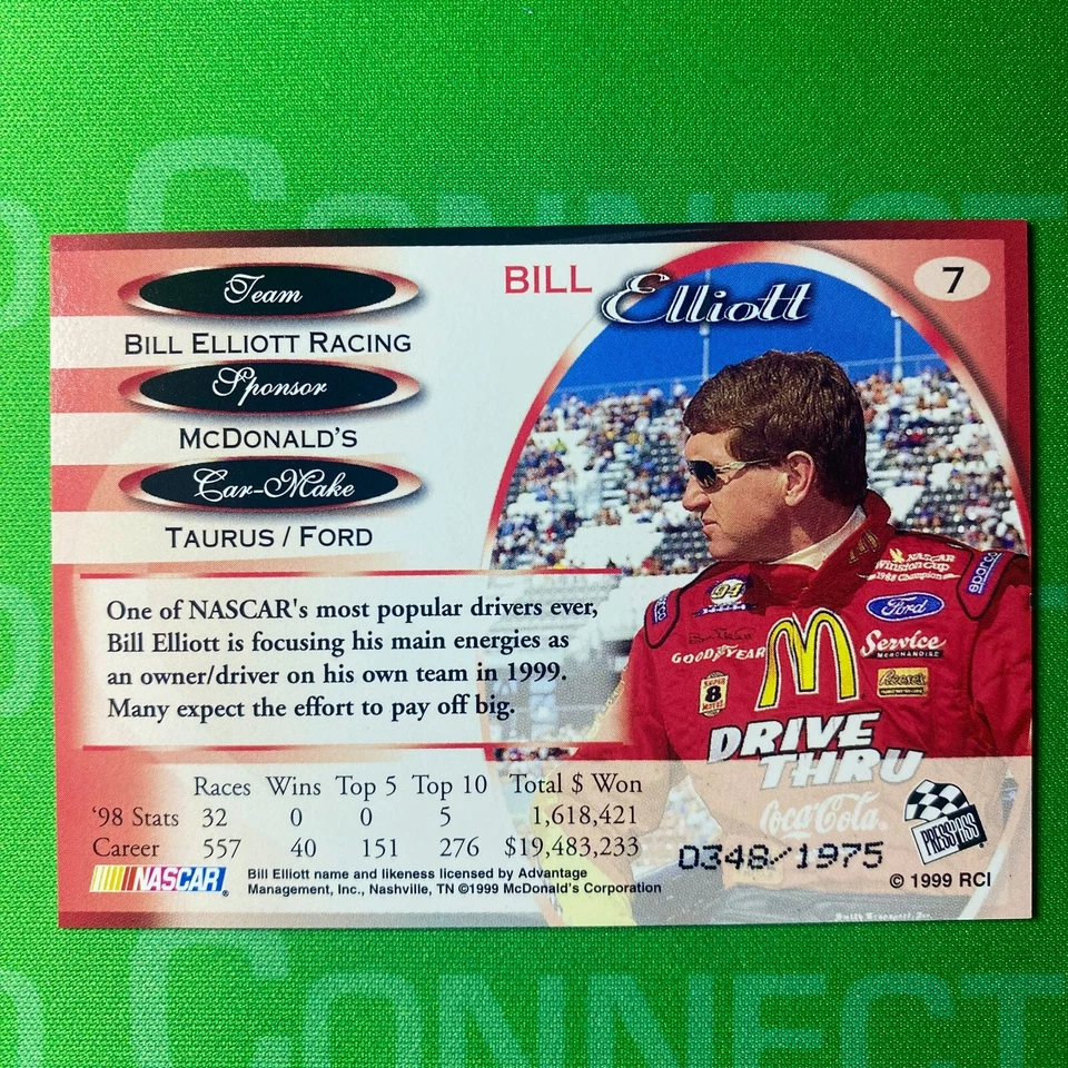 Bill Elliot NASCAR #'d /1975 Chrome 1999 Press Pass Premium Card w/ Coating - Image 2 of 3