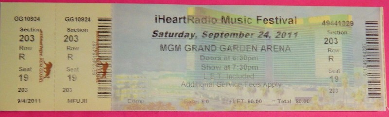 IHEART RADIO MUSIC FESTIVAL ORIG CONCERT USED TICKET, MGM GRAND VEGAS 9/24/2011