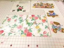 Pink Rose Fabric, Teddy Bear & Rose Applique.  Lot of 3-Pieces. M25-356