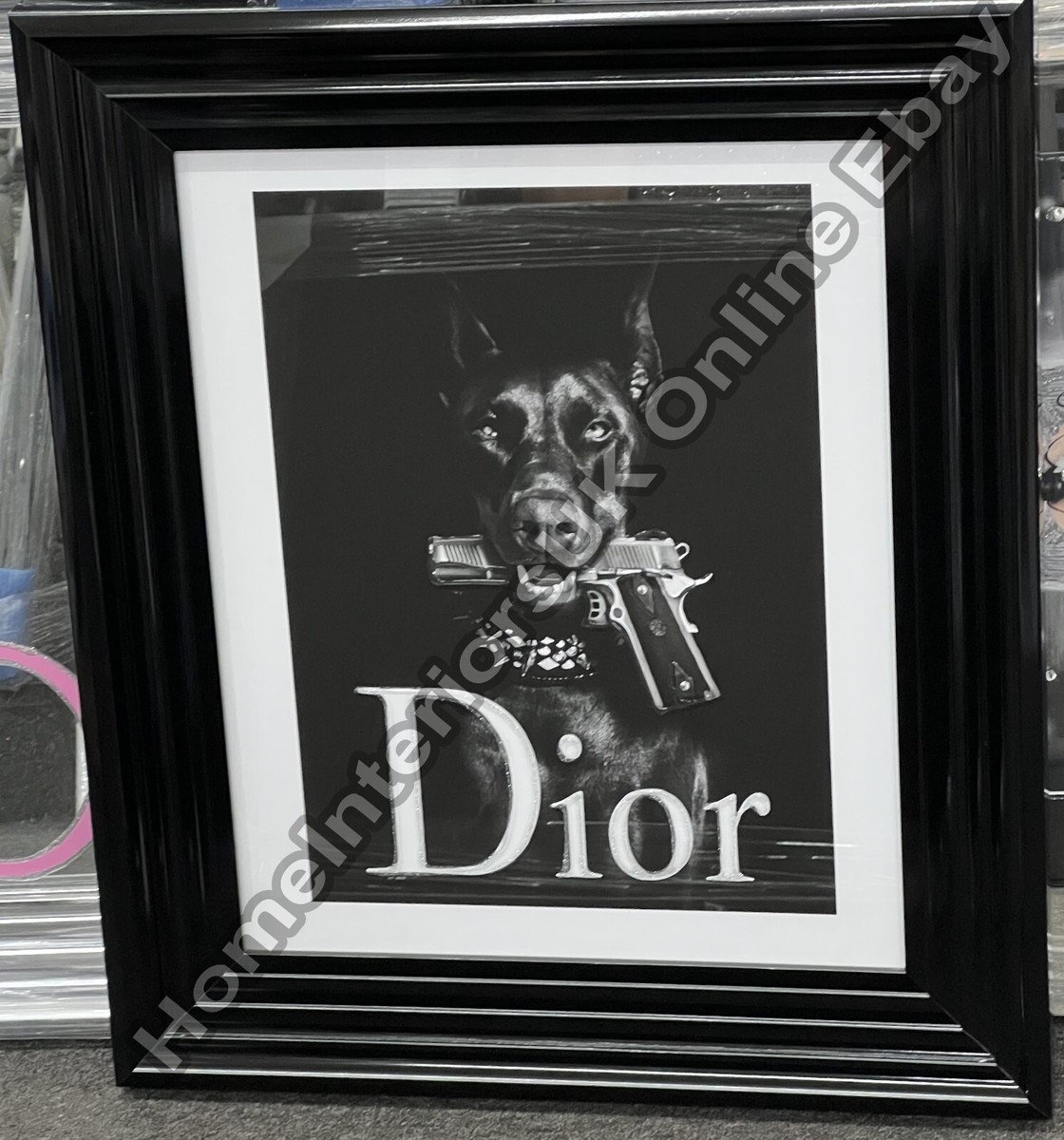 Doberman dog Dior holding gun wall art pictures with liquid art