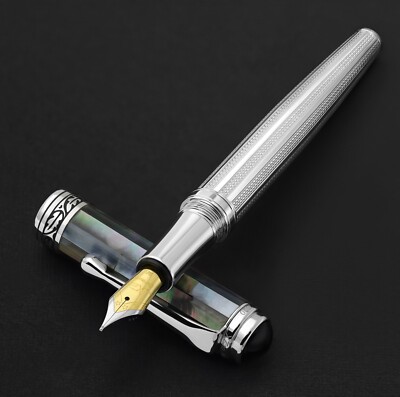 Xezo Maestro 925 Black MOP & Sterling Silver Med Fountain Pen, Platinum Plated