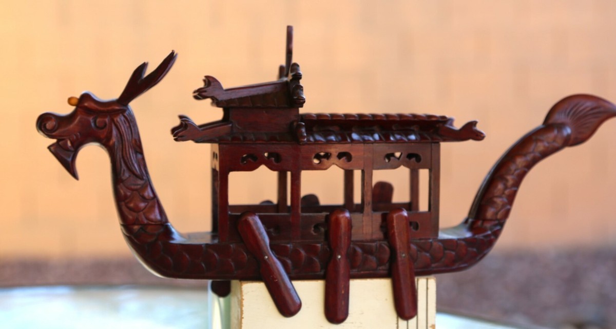 Vintage Chinese Rosewood One-Eyed Dragon Ship Boat Carved Wood