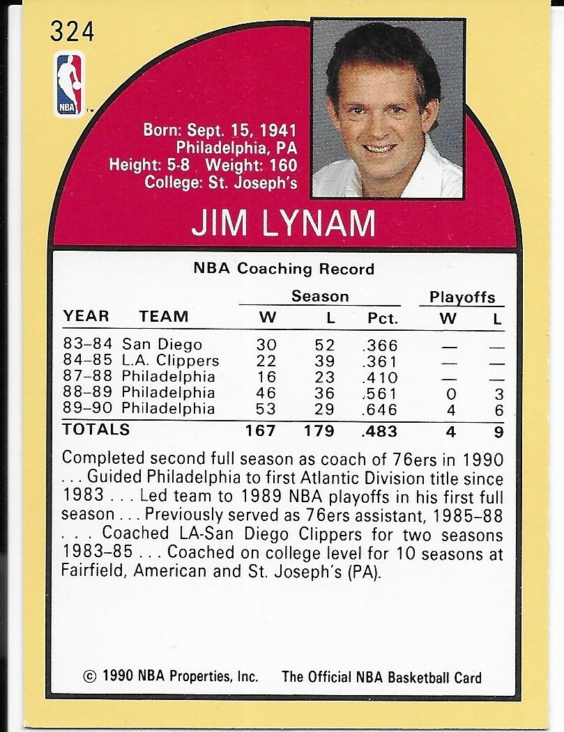 1990-91 Hoops Philadelphia 76ers Basketball Card #324 Jim Lynam