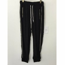 Monrow Elastic Waist Track Pants in Black, Size Medium, Side Piping Pockets