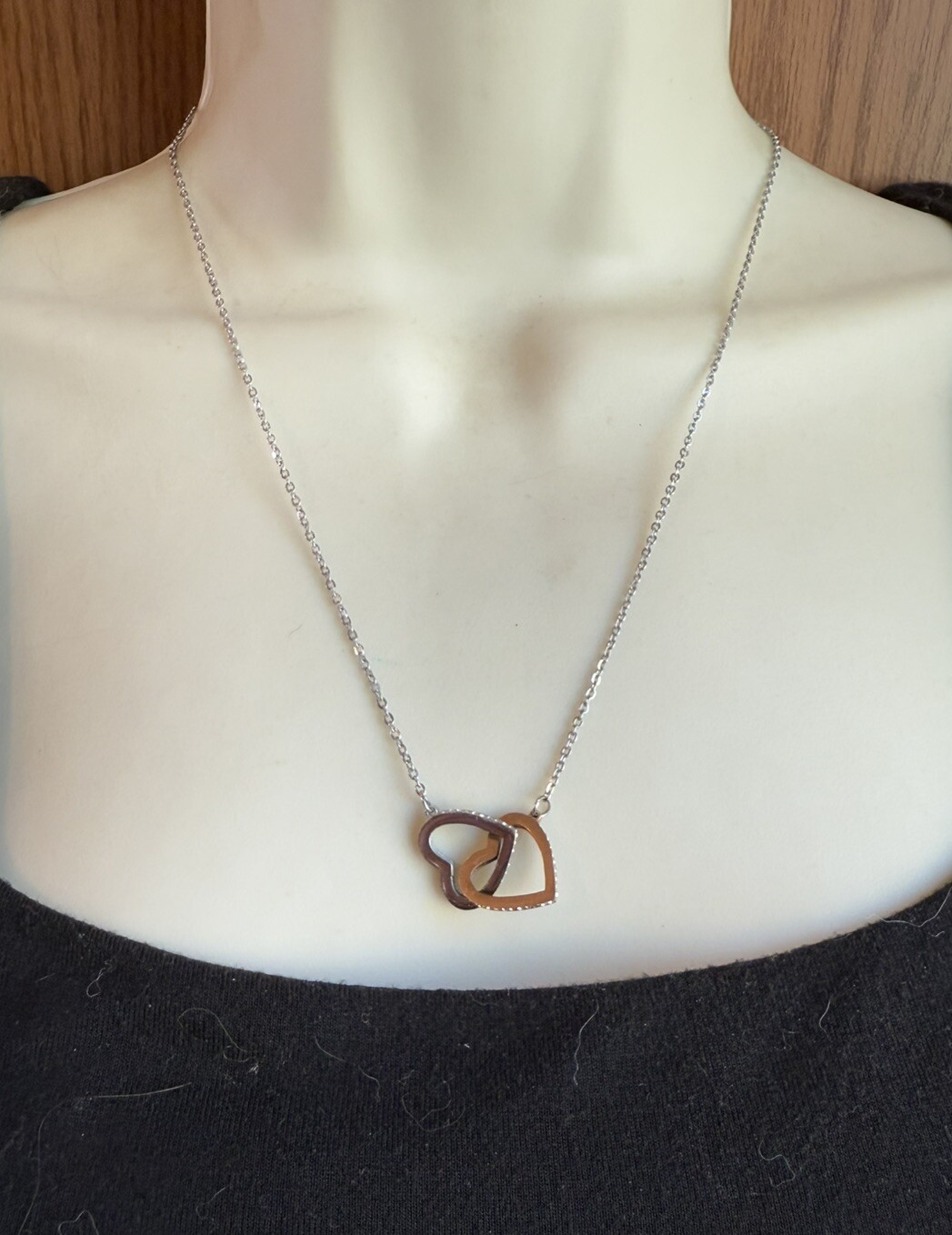 Interlocking Copper Silver Tone Rhinestone Hearts… - image 2