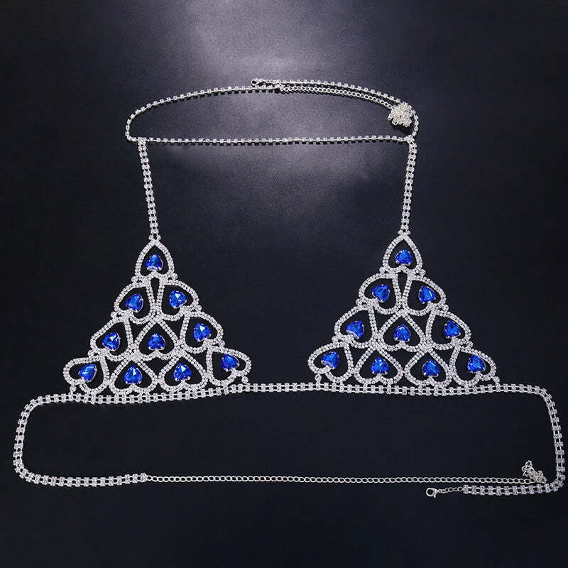Rhinestone Blue Heart Body Chain Lingerie Bra Chest Chain Thong Set Body  Jewelry