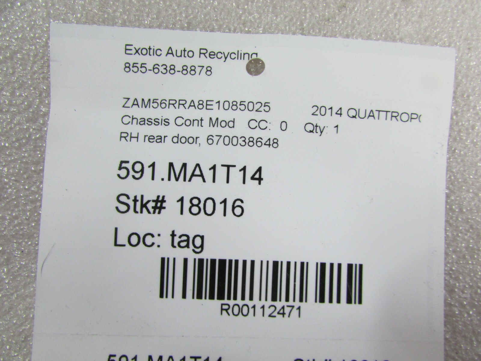 Maserati Quattroporte, RH, Right Rear Door ECU Module, Used, P/N 670038648