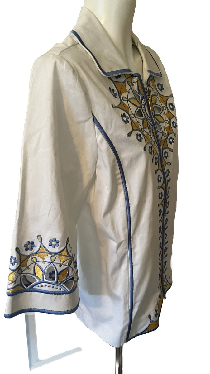 Bob Mackie 美品限定 vintage シャツ ジャケット unisex Bob Mackie Wearable Art White/Blue/Yellow Zip Up Shirt