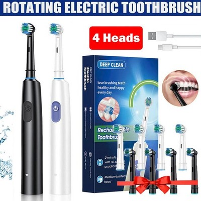 Electric Toothbrush Rechargeable Pro Rotating Brush with 4 Heads Timer 5 Modes