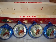 4 vintage Jewelbrite Christmas tree ornaments 1950s open faced dioramas old box