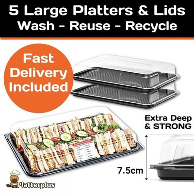 Platterplus 5 große wiederverwendbare schwarze Sandwichplatte Tabletts mit tiefen Deckeln.