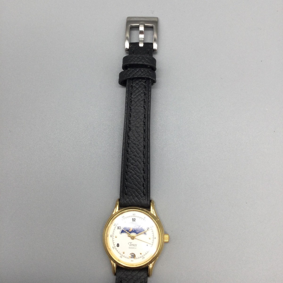 Timex Womens Watch 22mm Gold Tone Black Leather Moon Phase 