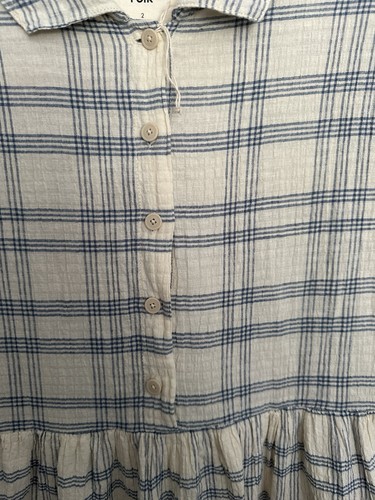 Folk Plaid Check Dress Size 2 UK 10 Blue Cream Linen Cotton blend Short Sleeve - Picture 5 of 15