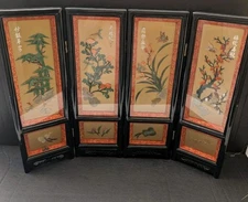 Antique 24"x18" Oriental Black Lacquer Wood Folding 4 Panel Table Screen Jade