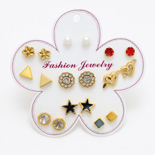 Women s 9 Pair Gold-Tone Stud Earrings Floral, Heart Crystal Designs