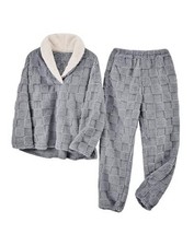 Pajamas for Women Set Winter Plush Thermal Flannel 2 Piece Lounge Small Grey