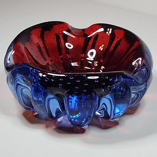 Vtg Murano Art Glass Sommerso Blue & Red Bullicante Ashtray Candy Dish