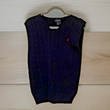 POLO RALPH LAUREN Sweater Vest XL 18-20 Navy Blue Cable 100 Cotton V Neck NEW
