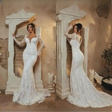 Elegant White Mermaid Wedding Dresses Illusion Long Sleeves Lace Bridal Gowns