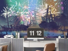 3D Fireworks Boat Pier Self-adhesive Removeable Wallpaper Wall Mural