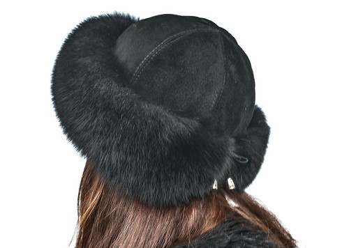 Jet Black Fox Fur & Black Leather Women's Vault Winter Furry Hat - Picture 3 of 4