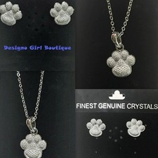 Crystal Heart Paw Print Necklace Earrings Set Silver Dog Cat Dainty