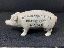 VINTAGE WM MOLAND'S SONS QUAKER CITY HAMS ADVERTISING CAST IRON PIG PIGGY BANK
