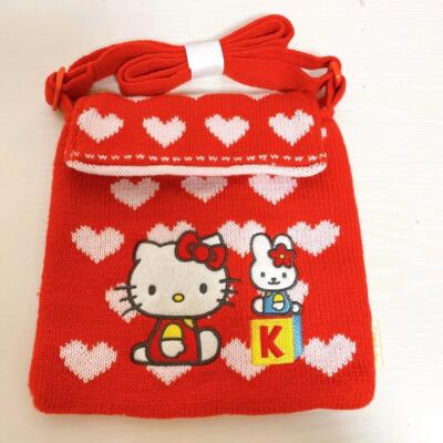 Sanrio Hello Kitty Knit Shoulder Bag Pouch Red Cat Rabbit Heart Kawaii Rare JP