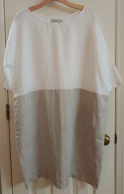 Magic Linen Tunic Boxy Shirt Adria Dress White Gray/Brown  Colorblock Plus Sz XL